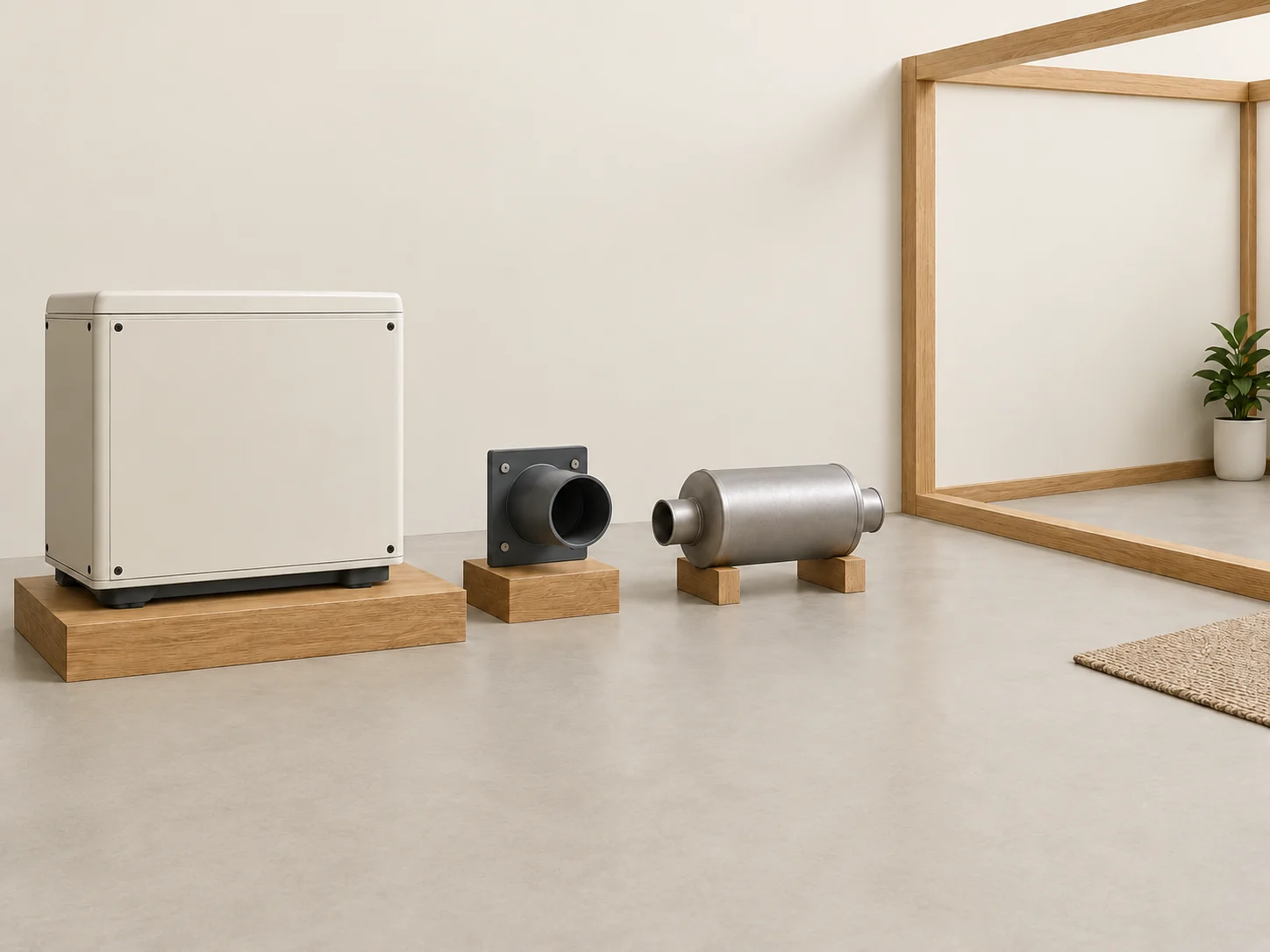 Illustrated closed equipment cabinet, exhaust outlet and muffler shown separately beside a timber wall frame; no connecting pipe is drawn.
