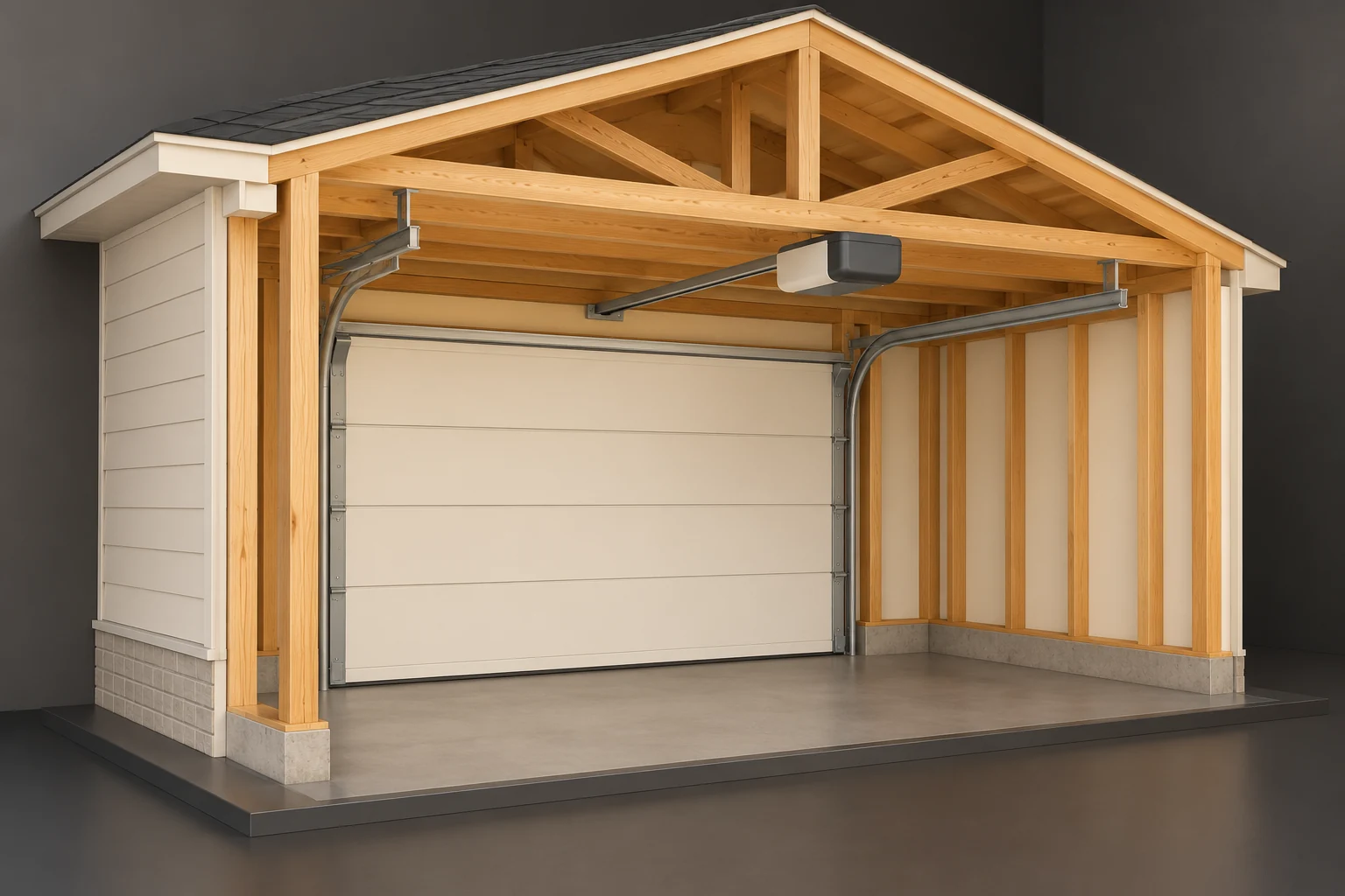Conceptual timber-framed garage with a closed horizontal-panel door, side and curved upper guide forms, a straight overhead rail-like form and closed rectangular housing