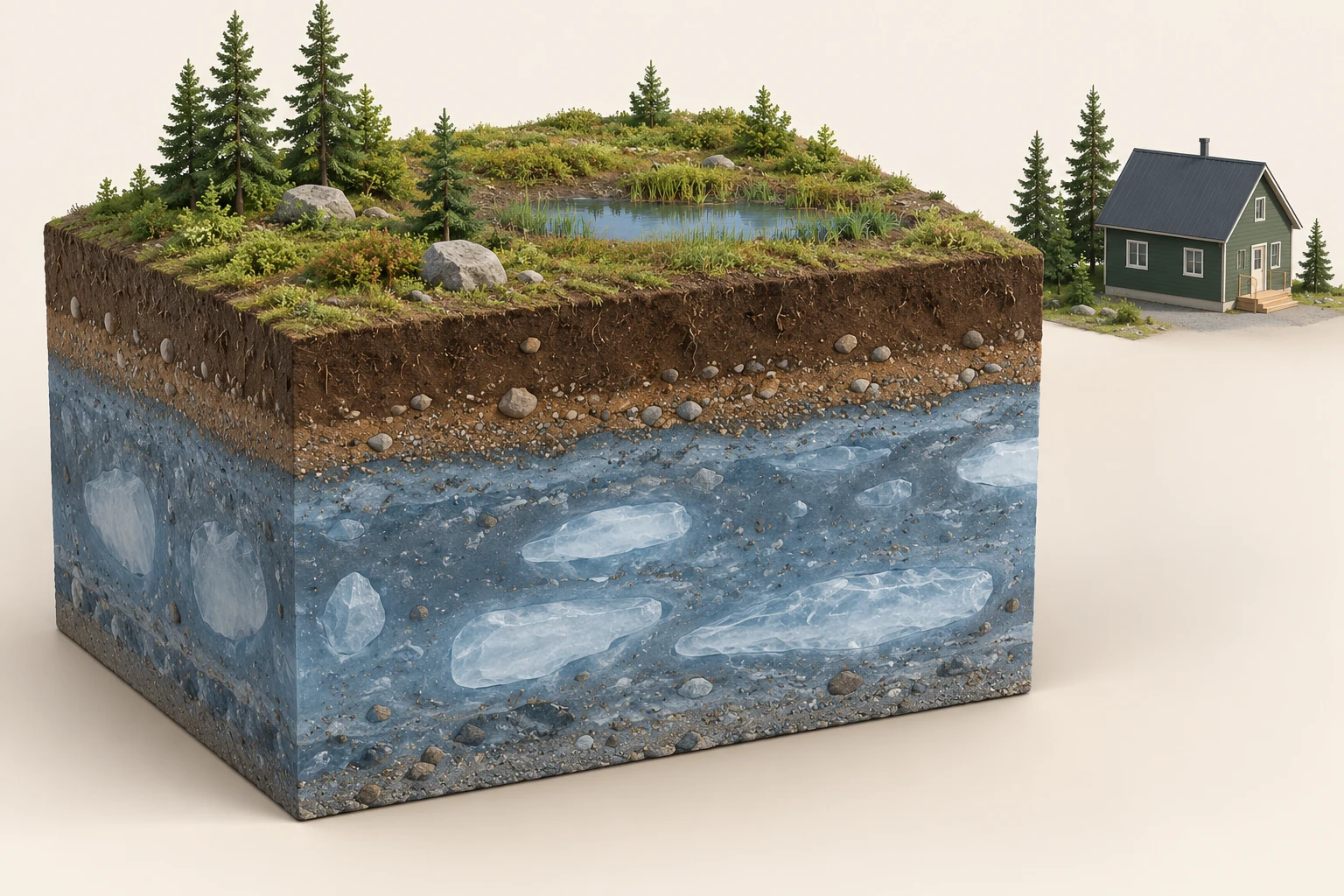 A freestanding ground block has an earthy surface zone above a blue-grey zone with symbolic ice shapes; a small closed house sits separately beside it.