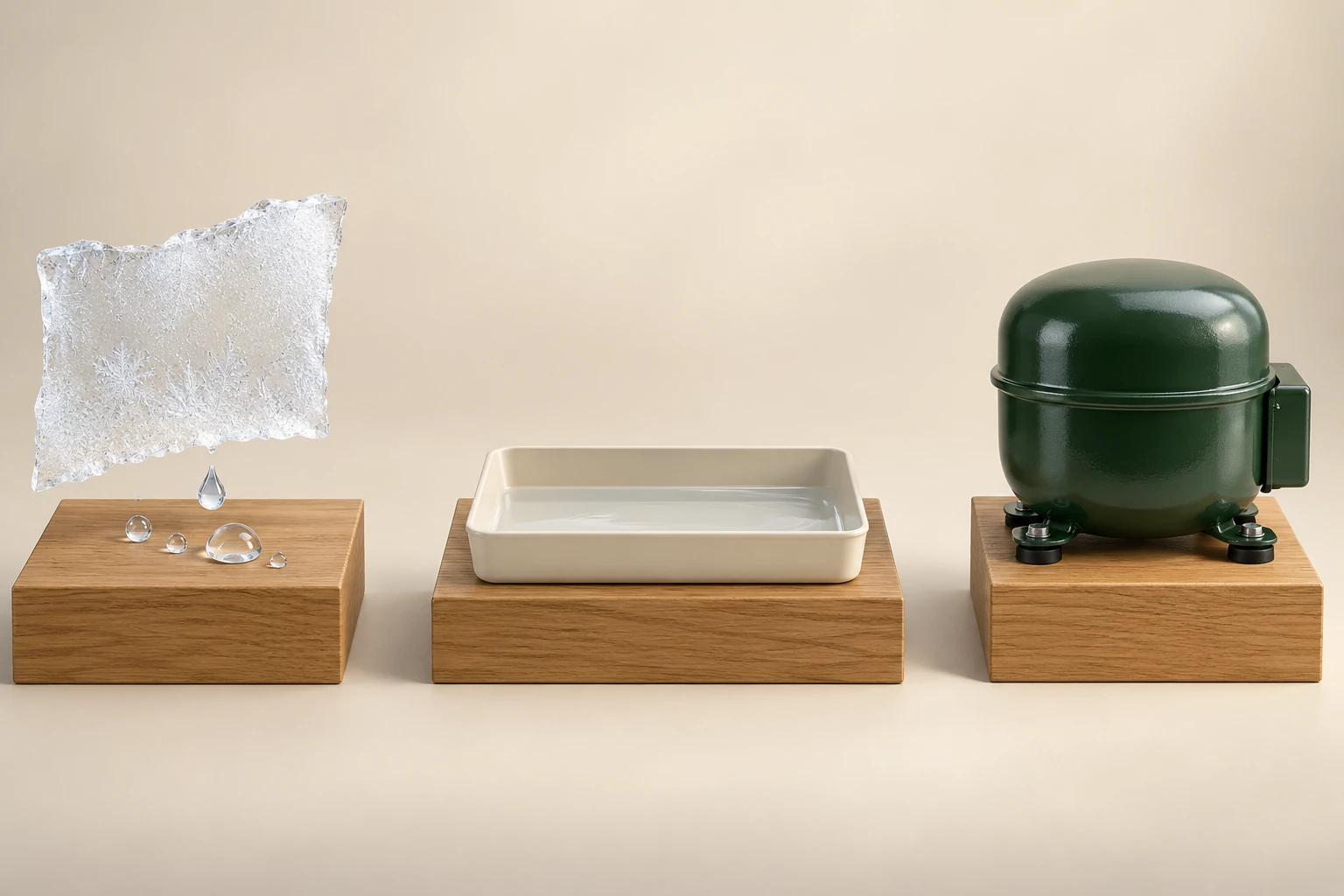 Separate frost-like sheet and clear drop specimens, a shallow cream tray with a reflective pool, and a closed dark green compressor-like casing on three unconnected timber plinths
