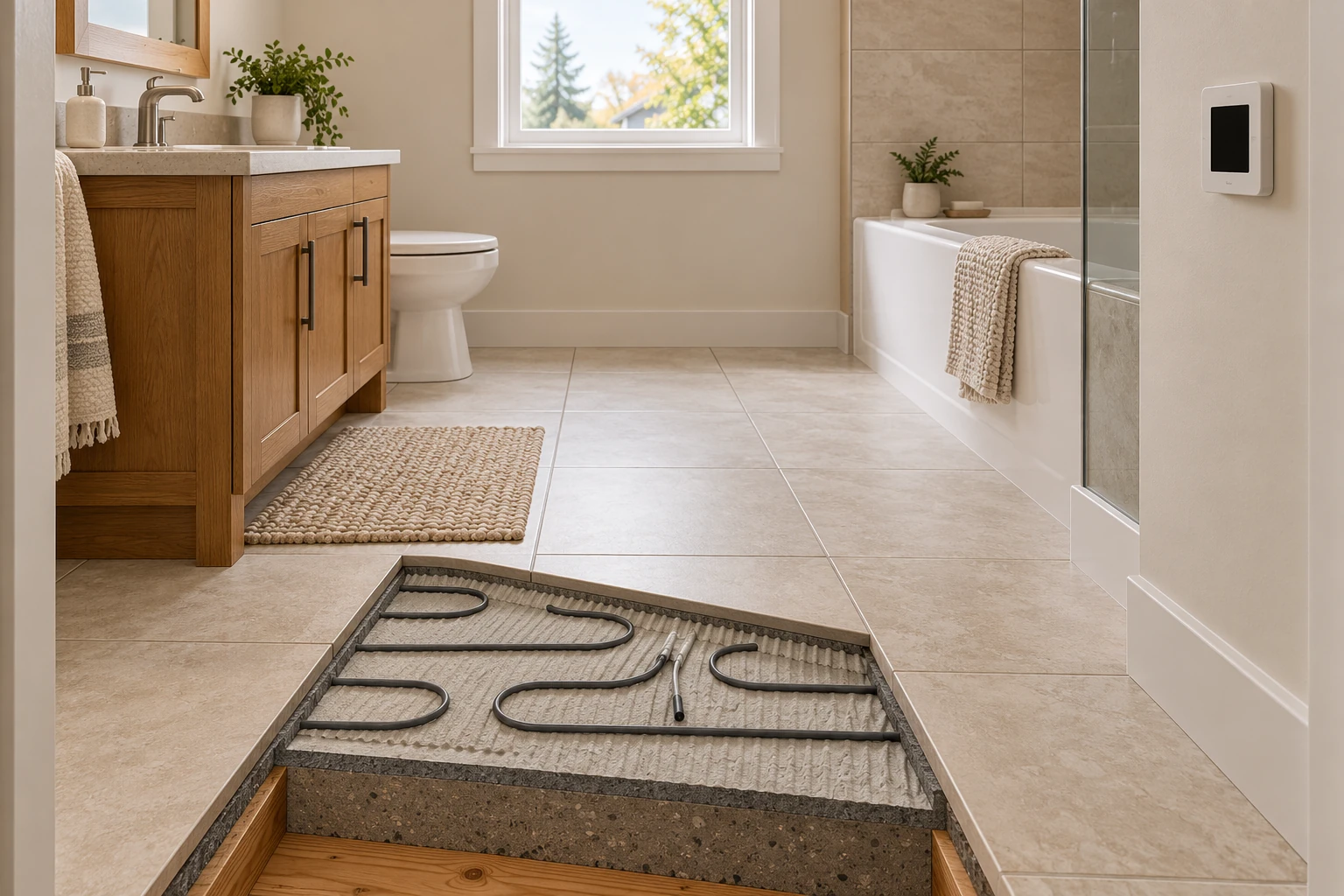 Familiar tiled bathroom with a conceptual cutaway revealing heating cable and a separate sensor beneath a walking area.