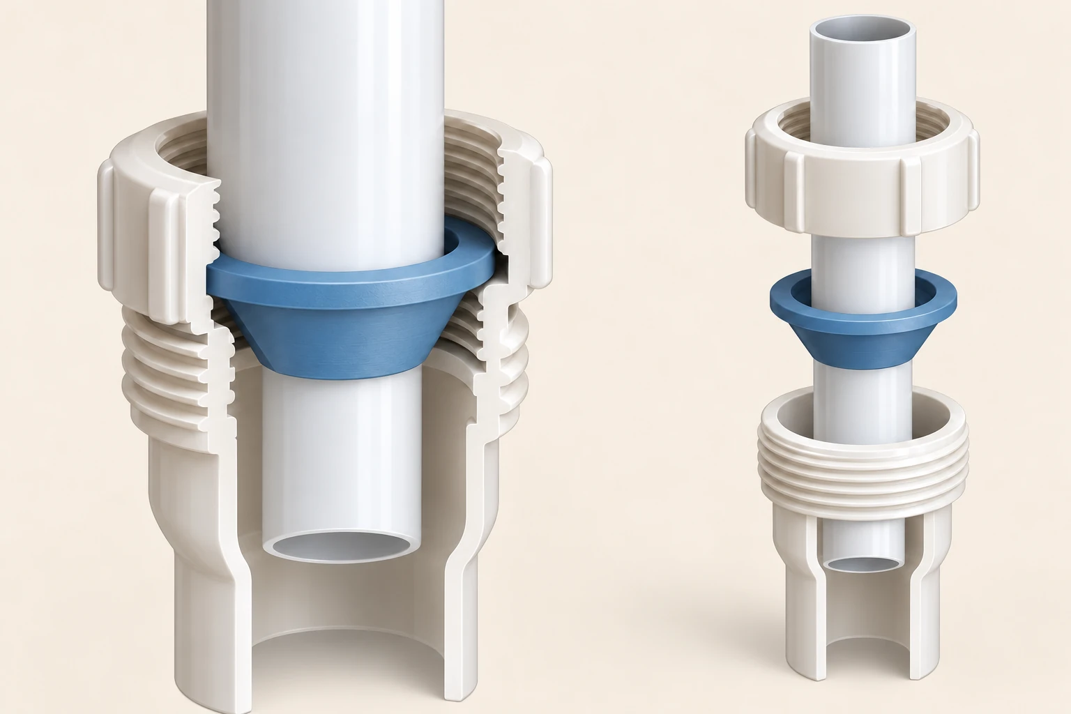 Magnified slip-joint cutaway and separated component view show an open hollow tube, blue tapered washer, retaining nut, outside socket threads and continuous downstream bore.