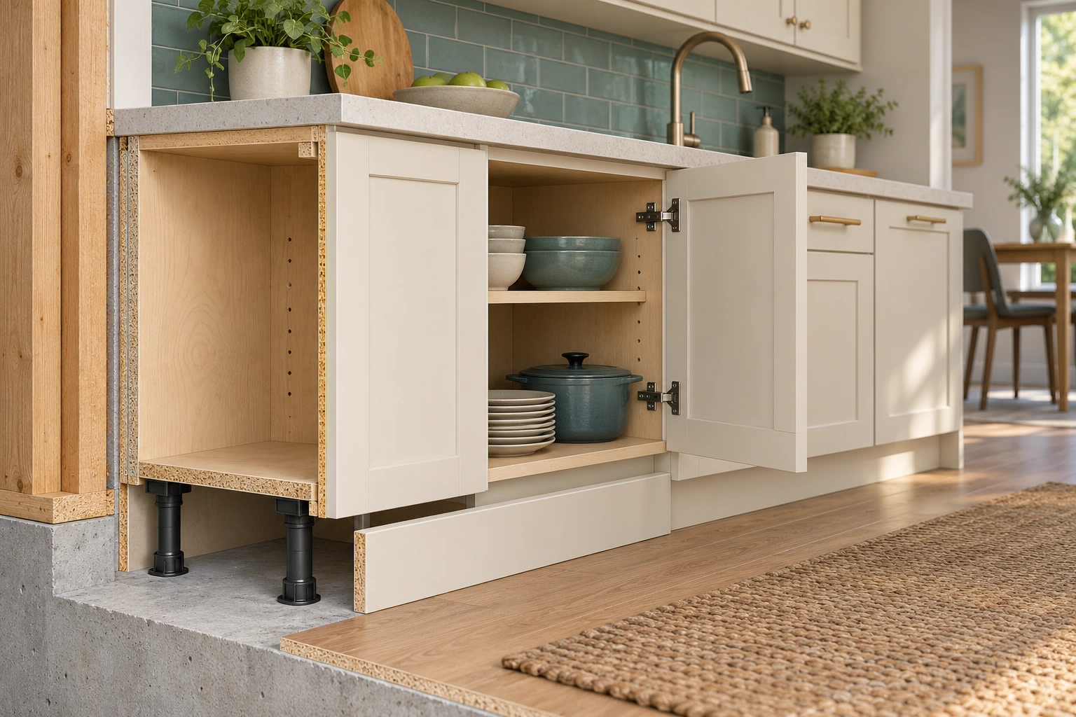 The cabinet cutaway shows a box beneath a worktop, exposed adjustable-style legs and a separate toe-kick face. An open door identifies moving access, while the supporting building remains its own question.