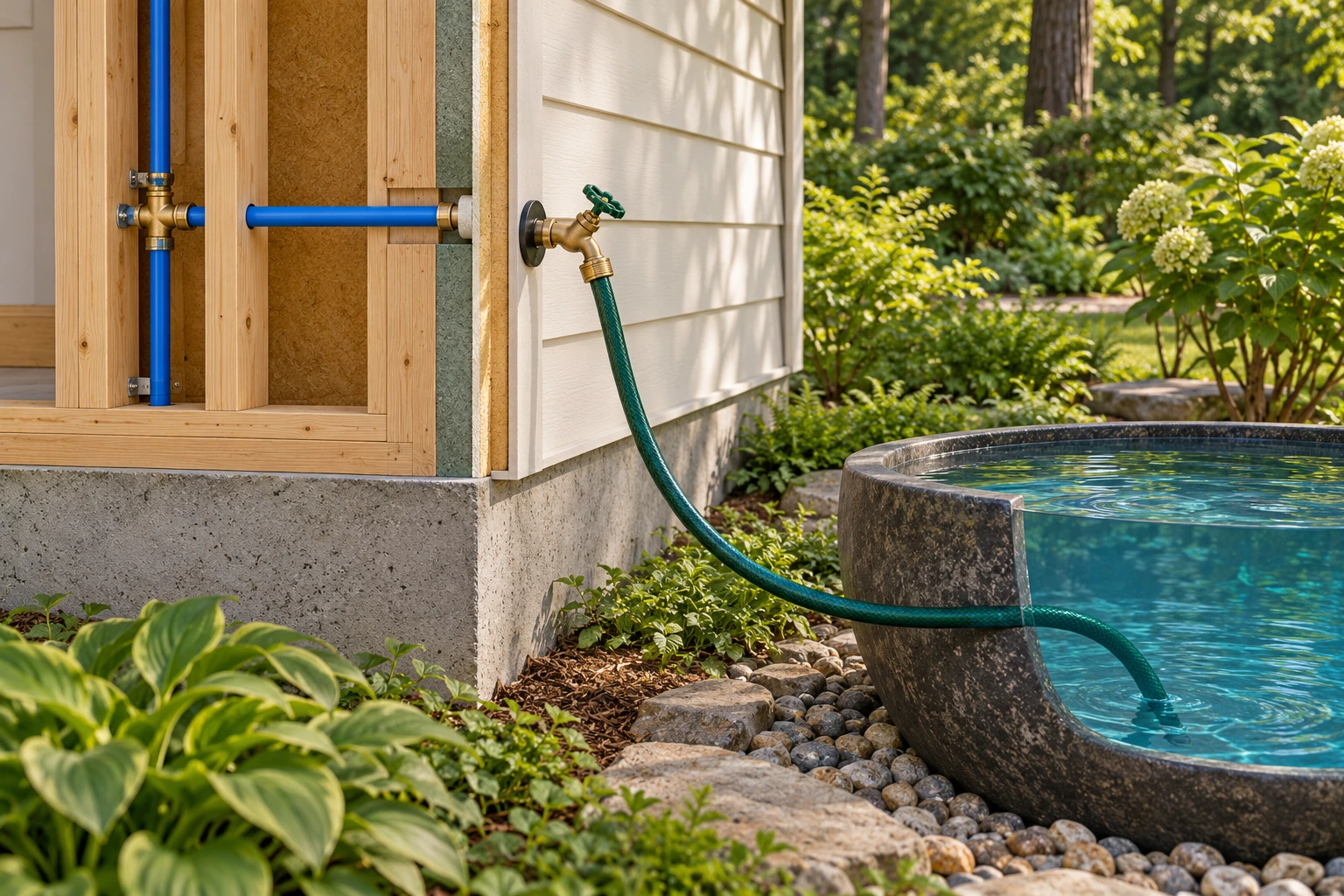 Wall cutaway with blue supply segments, outside faucet and connected green hose whose end is visibly submerged in an ornamental container.